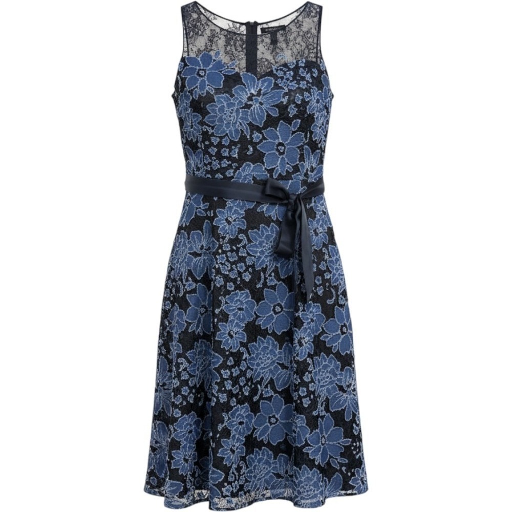 Rickie Freeman Teri Jon Blue Black Floral Lace Sleeveless Midi Dress Size 12